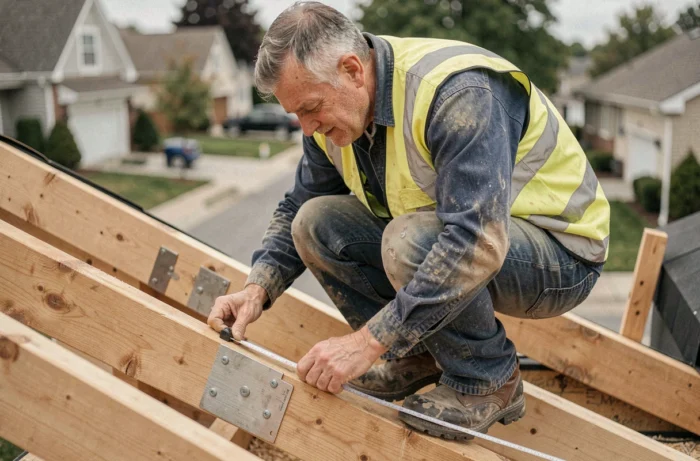 Couvreur professionnel mesurant les chevrons d'un toit en pente en construction sur un garage résidentiel