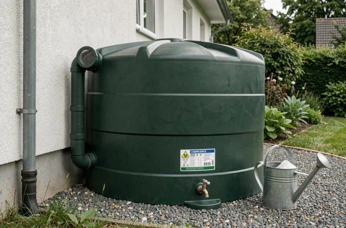 Cuve aérienne de récupération d'eau de pluie en polyéthylène vert connectée à une descente de gouttière avec filtre et étiquette de conformité réglementation 2024, posée sur gravier contre un mur de maison