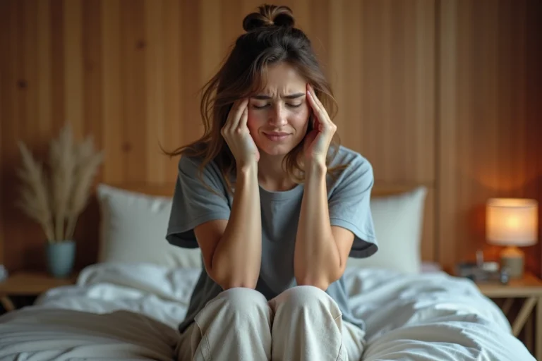 Femme assise sur le bord d'un lit qui appuie ses doigts contre sa tempe en signe de gêne neurologique, illustrant les sensations de décharges électriques dans la tête