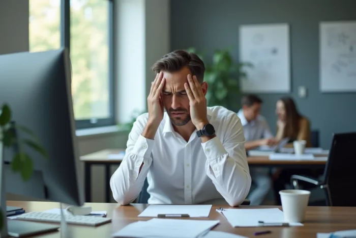 Homme en costume de bureau tenant sa tête entre les mains à son bureau, exprimant une sensation de choc électrique dans la tête liée au stress ou à la fatigue