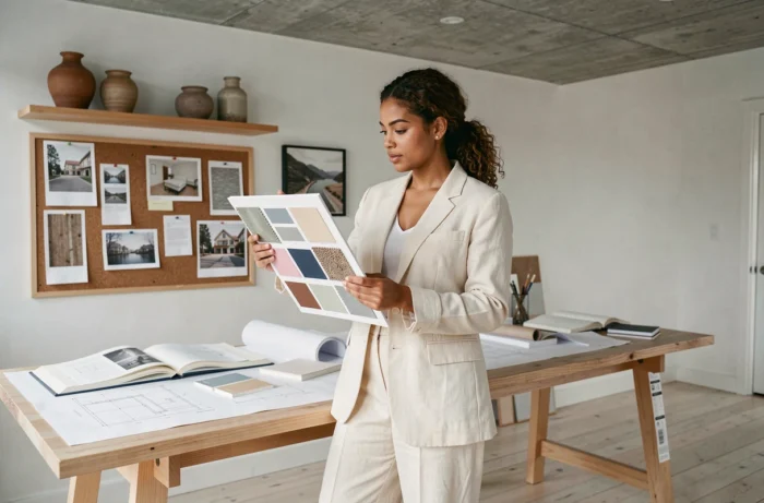 Décoratrice d'intérieur tenant un tableau d'inspiration avec échantillons de tissus dans un atelier créatif loft