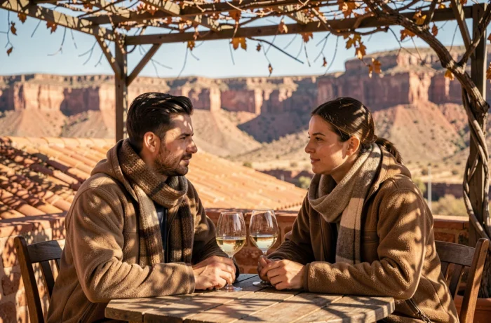 Couple dégustant du vin local Torrontés à Cafayate dans la région de Salta en Argentine en août, avec les paysages rouges de la Quebrada en arrière-plan
