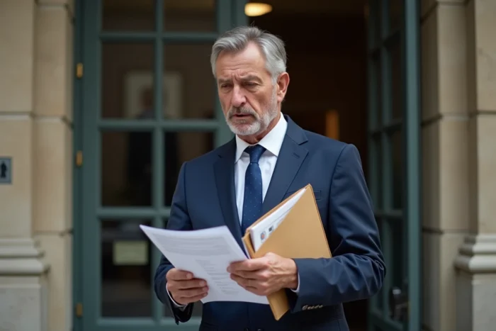 Homme consultant des documents officiels devant un tribunal dans le cadre d'une procédure de mainlevée de scellé judiciaire