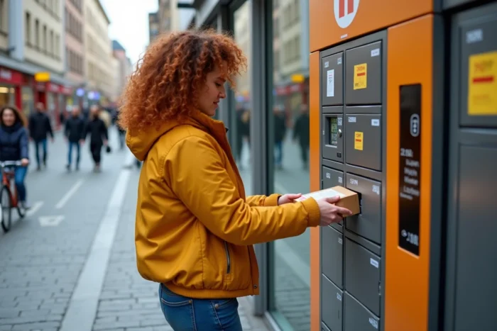 Femme déposant un colis dans une consigne automatique Mondial Relay en ville avec affichage du prix selon le poids