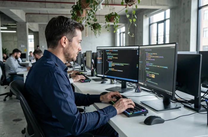 Développeur Python dans un open space moderne gérant des listes de données sur deux écrans avec un script visible