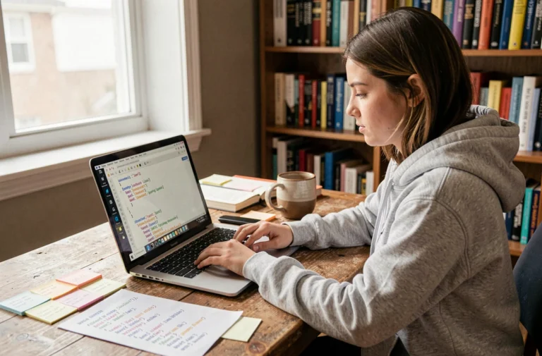 Jeune développeuse Python travaillant sur la gestion des listes dans un bureau à domicile avec des notes et un éditeur de code ouvert