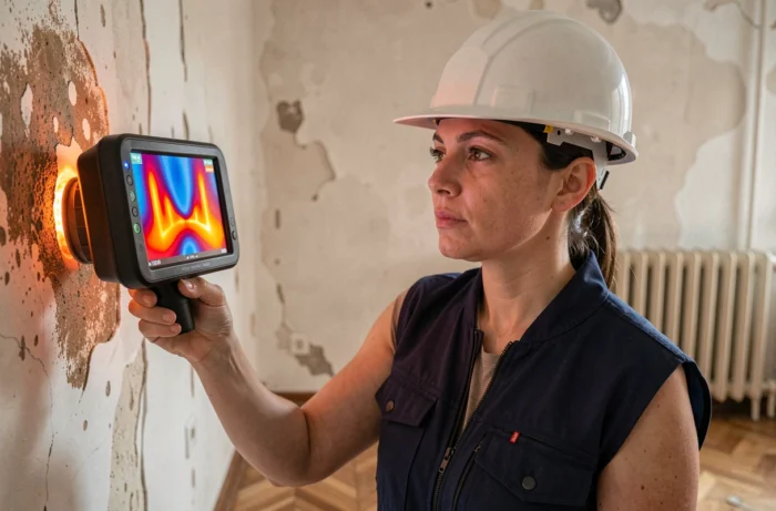 Consultante en efficacité énergétique analysant les déperditions thermiques d'un appartement ancien avec une caméra infrarouge