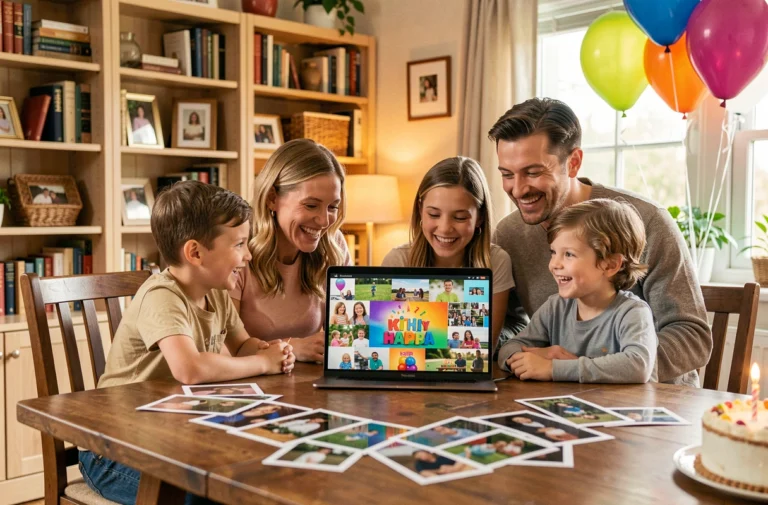 Famille réunie autour d'un ordinateur portable regardant un diaporama d'anniversaire coloré avec des ballons et un gâteau en arrière-plan