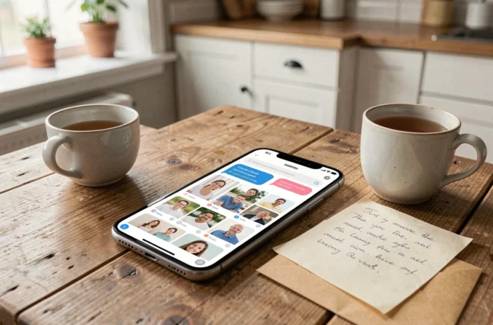Smartphone affichant un diaporama collaboratif avec des messages et des photos envoyés par des proches pour l'anniversaire d'un enfant