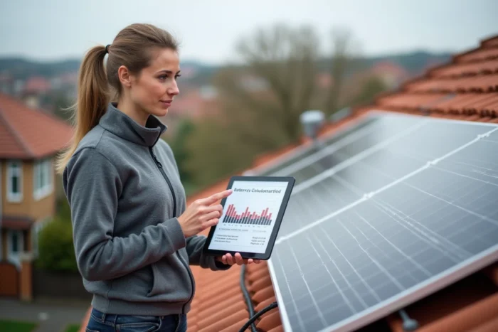 Femme évaluant le dimensionnement d'une batterie pour panneau solaire 3000W sur toiture résidentielle