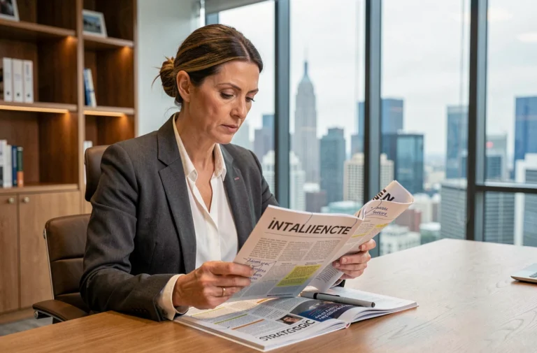 Dirigeante d'entreprise analysant un magazine de veille stratégique SLR dans un bureau moderne avec vue sur la ville