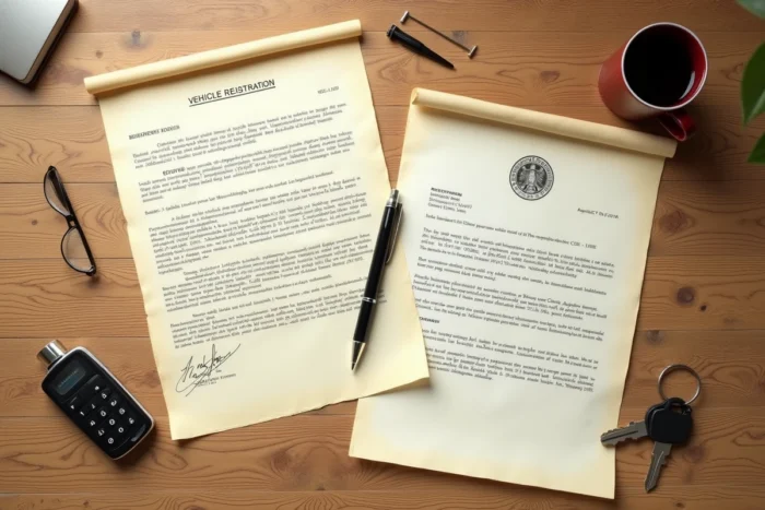 Documents de saisie judiciaire d'un véhicule posés sur un bureau en bois avec clés de voiture et formulaires officiels