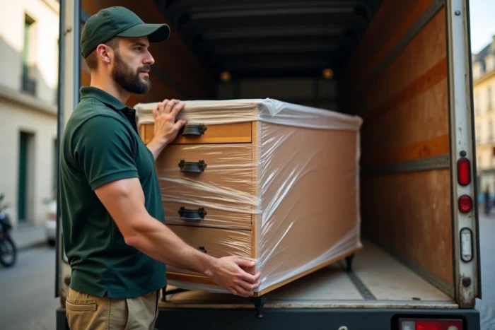 Un livreur Emmaüs emballe soigneusement une commode vintage dans un camion de livraison en ville