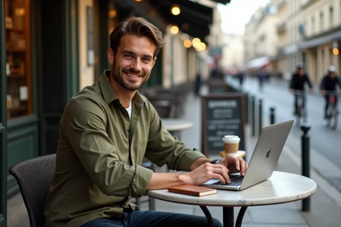 Entrepreneur au succès discret travaillant depuis une terrasse de café parisienne, symbolisant la liberté et la réussite du business en ligne