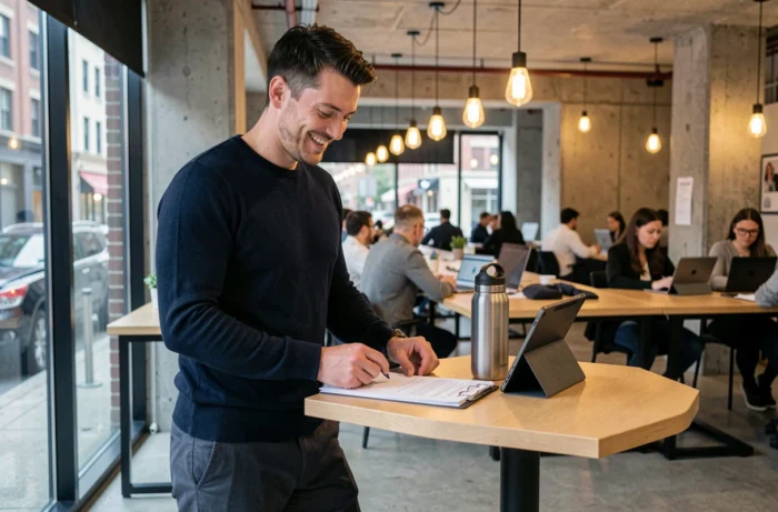 Jeune entrepreneur masculin dans un espace de coworking moderne, consultant des documents pour développer son activité indépendante