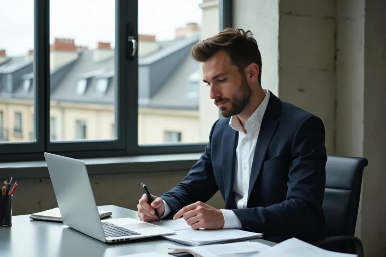 Entrepreneur parisien concentré travaillant dans un bureau minimaliste avec vue sur les toits de Paris, incarnant le succès d'un business moderne