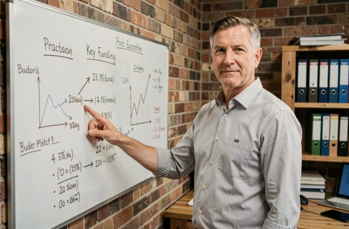 Entrepreneur expliquant un plan de financement devant un tableau blanc dans un bureau startup