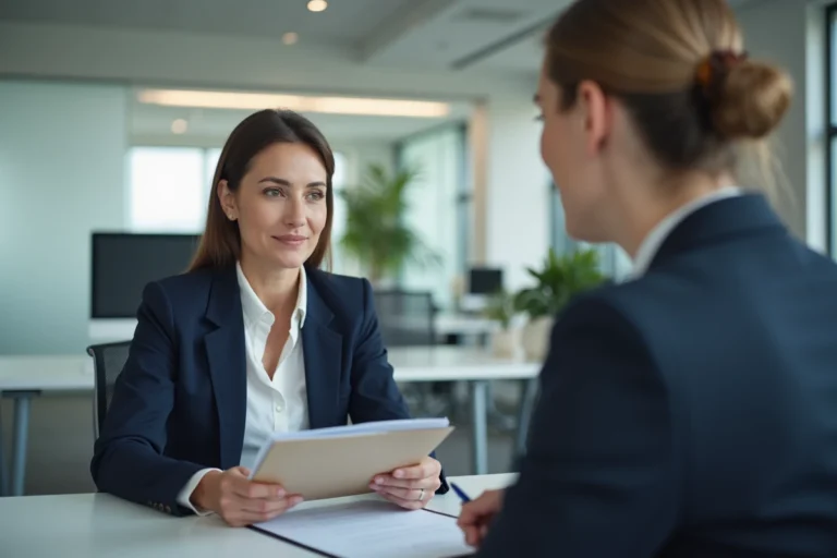 Femme en entretien avec un conseiller Pôle emploi dans un bureau moderne, tenant des documents professionnels