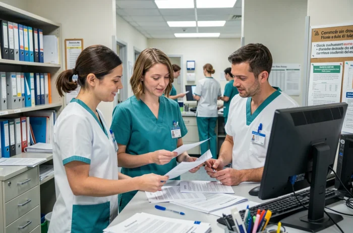 Équipe d'infirmiers collaborant autour d'un poste de soins dans un hôpital français