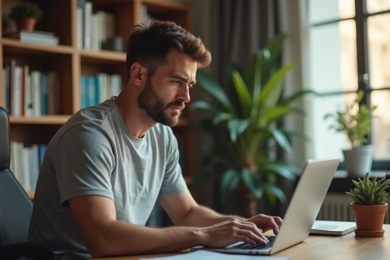 Homme frustré face à une erreur de site web sur son ordinateur portable à son bureau