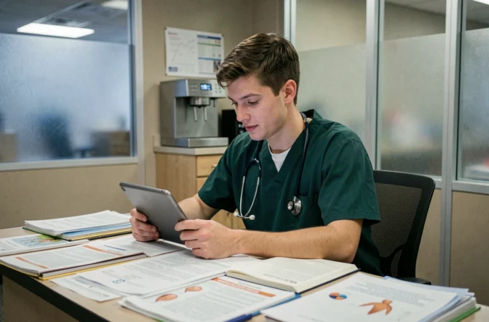 Étudiant en médecine consultant une tablette entourée de documents médicaux dans une salle de pause hospitalière