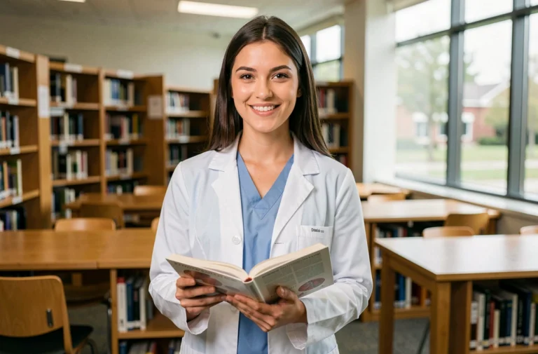 Jeune femme médecin en blouse blanche tenant un manuel d'anatomie dans une bibliothèque universitaire médicale moderne