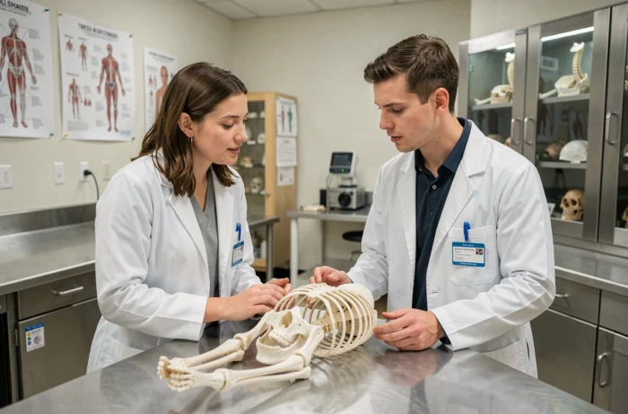 Deux étudiants en médecine discutant autour d'un modèle anatomique dans un laboratoire universitaire