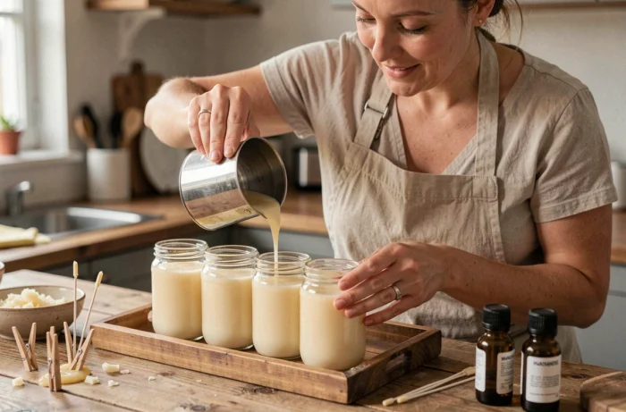 Femme versant de la cire fondue dans des pots en verre recyclés pour fabriquer des bougies artisanales à la maison