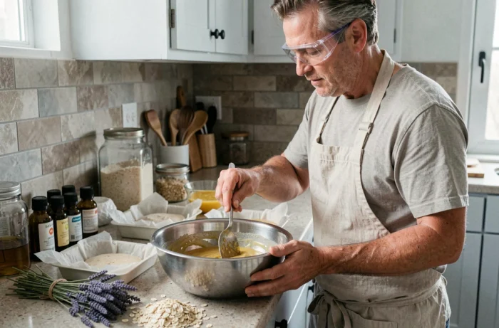 Homme préparant des savons artisanaux à froid avec des huiles naturelles et des moules en silicone dans une cuisine