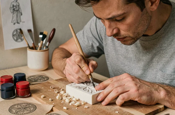 Homme sculptant un tampon artisanal dans une gomme à graver avec des outils de gravure sur un bureau à la maison