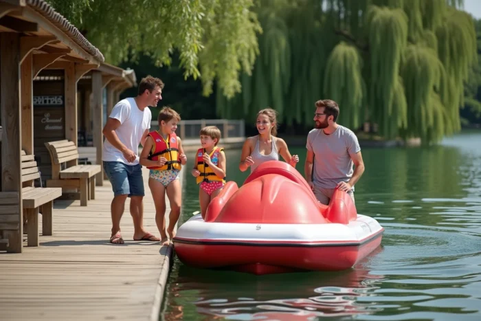 Famille louant un pédalo sur un lac en banlieue parisienne