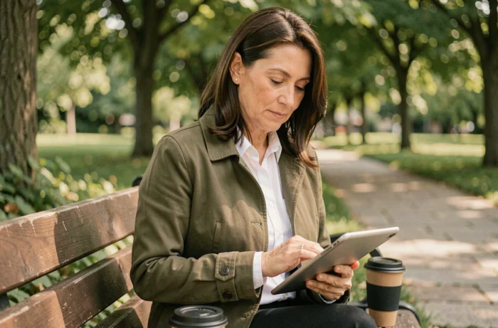 Femme consultant son agenda numérique sur une tablette dans un parc urbain pour planifier sa journée