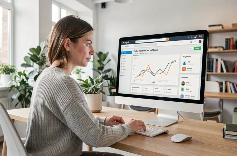 Femme professionnelle analysant des tableaux de bord d'optimisation de site web sur un grand écran dans un bureau moderne