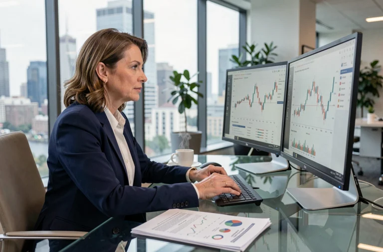 Femme cadre financière analysant des graphiques boursiers sur double écran dans un bureau moderne avec vue sur la ville