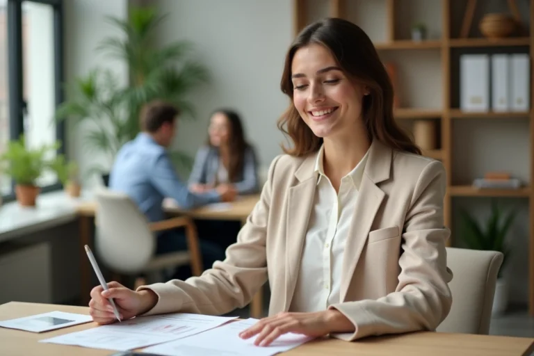 Femme cadre en blazer beige travaillant sereinement dans un bureau moderne aux horaires fixes, incarnant l'équilibre vie professionnelle et personnelle