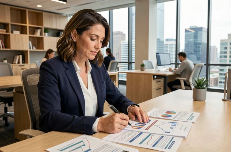 Femme cadre analysant une stratégie de financement professionnel dans un bureau moderne