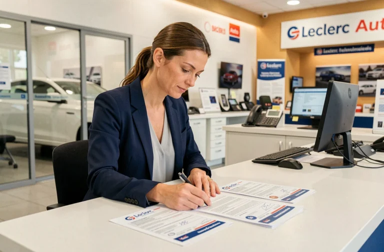 Femme consultant des documents de carte grise au comptoir du service Leclerc Auto