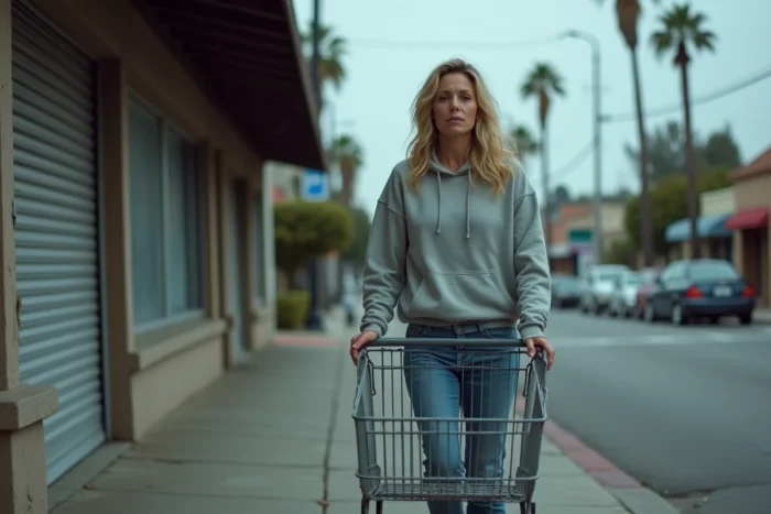 Femme poussant un chariot dans une rue californienne déserte au petit matin, évoquant l'errance et la résilience dans l'histoire de Loni Willison