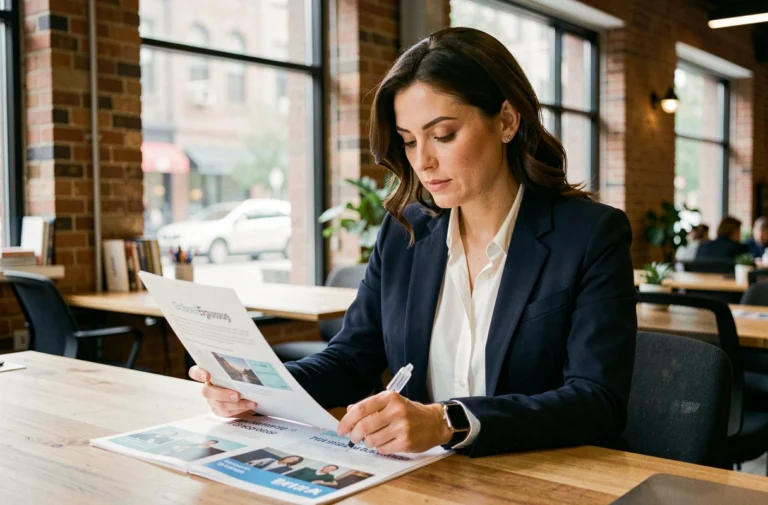 Femme professionnelle en blazer marine évaluant des brochures de formation dans un espace de coworking moderne