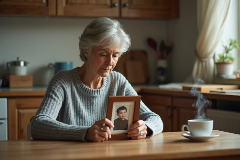 Femme d'âge mûr tenant une photo de famille ancienne, pensive à la table de cuisine, illustrant le souvenir de parents décédés en rêve