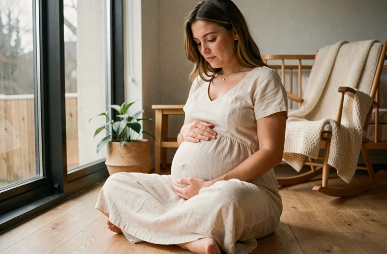 Femme enceinte en robe de lin crème assise sur un plancher en bois, tenant son ventre avec les mains dans une chambre de bébé naturelle et apaisante