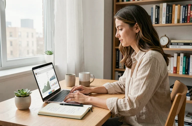 Femme entrepreneur travaillant sur son ordinateur portable dans un bureau à domicile minimaliste, illustrant une idée de business en ligne