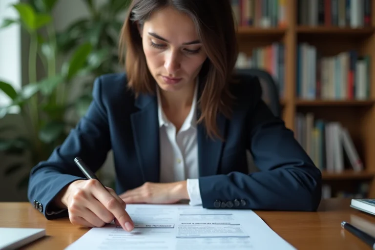 Femme en blazer bleu marine examinant un contrat de bail avec solde antérieur de loyer annoté sur un bureau en bois