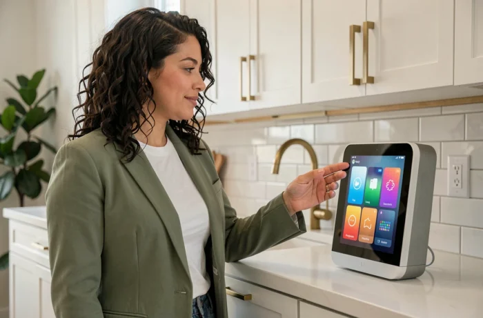 Femme interagissant avec un hub domotique intelligent dans une cuisine moderne tendance high tech 2024