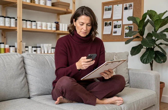 Femme indépendante planifiant sa stratégie de contenu sur les réseaux sociaux depuis son espace de travail créatif à domicile