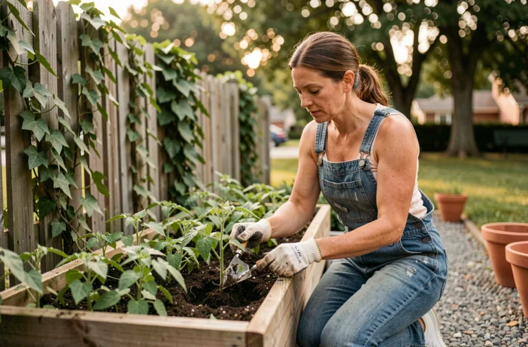 Femme jardinant dans un potager surélevé en bois, transplantant des plants de tomates avec une truelle, entourée de pots en terre cuite et d'un jardin verdoyant