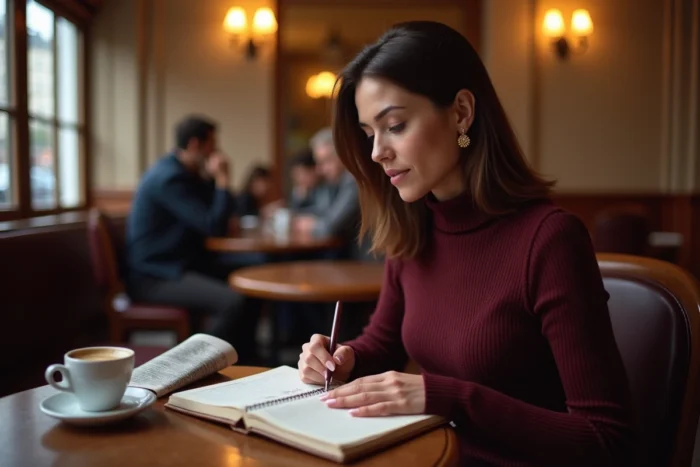 Femme journaliste française prenant des notes dans une brasserie parisienne, pull bordeaux et carnet en cuir sur une table de café