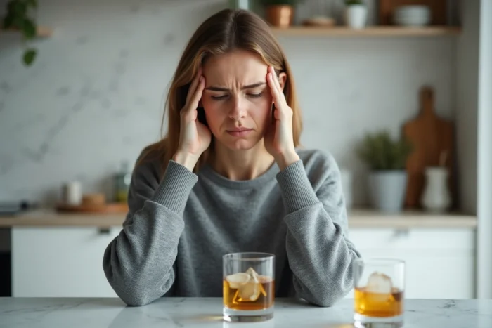 Femme tenant ses tempes avec un verre de Ricard posé devant elle, illustrant les effets négatifs de l'alcool sur la santé physique et mentale