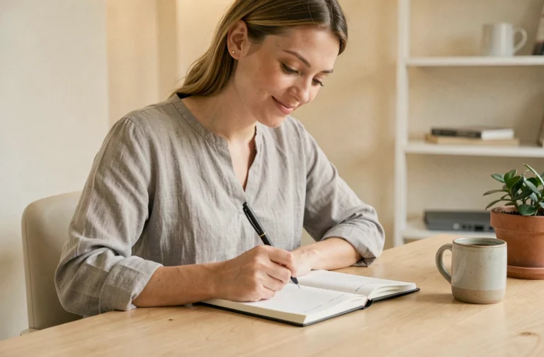 Femme organisant sa journée dans un agenda papier dans un bureau minimaliste et serein