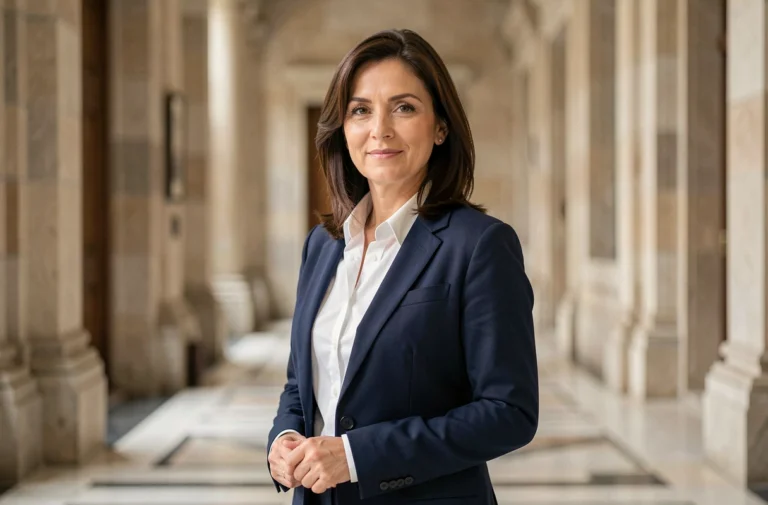 Femme politique en veste marine dans un couloir institutionnel aux colonnes en marbre, evoquant la sphere politique française